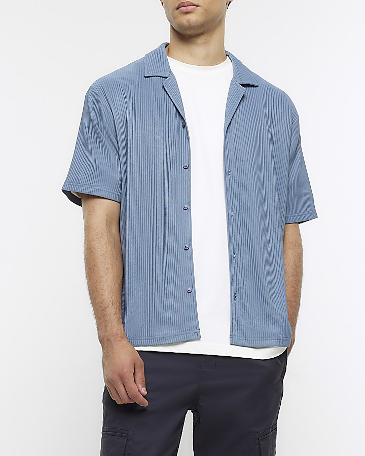 Blue regular fit plisse revere shirt