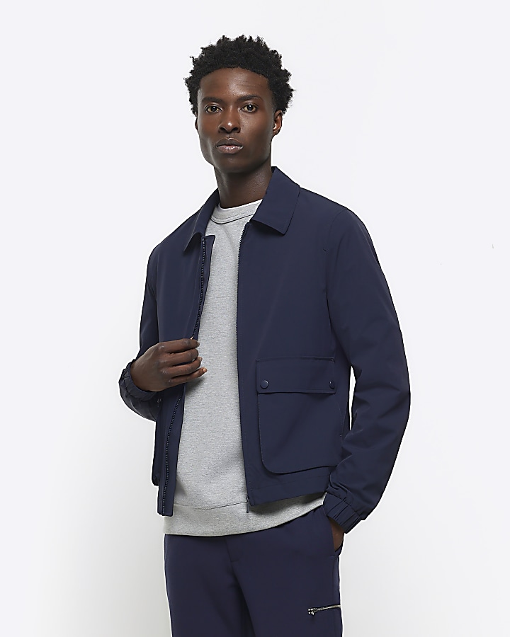 Navy regular fit zip up Harrington jacket | River Island