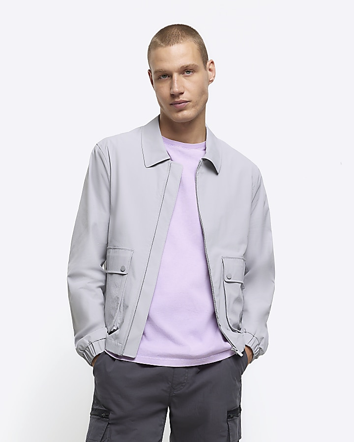 Grey regular fit zip up Harrington jacket