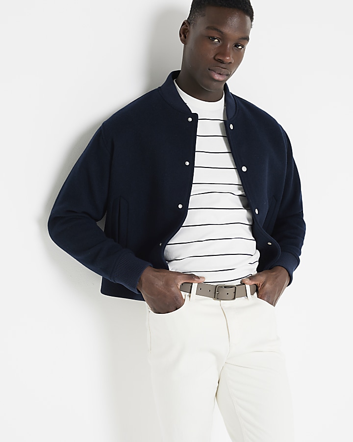 Navy regular fit wool blend bomber jacket