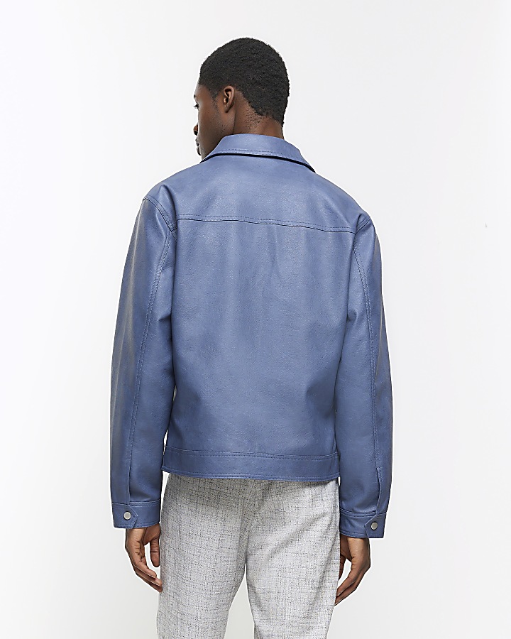 Blue regular fit faux leather western jacket