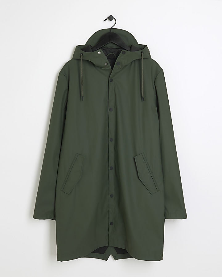 Green regular fit hooded longline rain coat