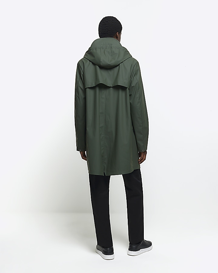 Green regular fit hooded longline rain coat