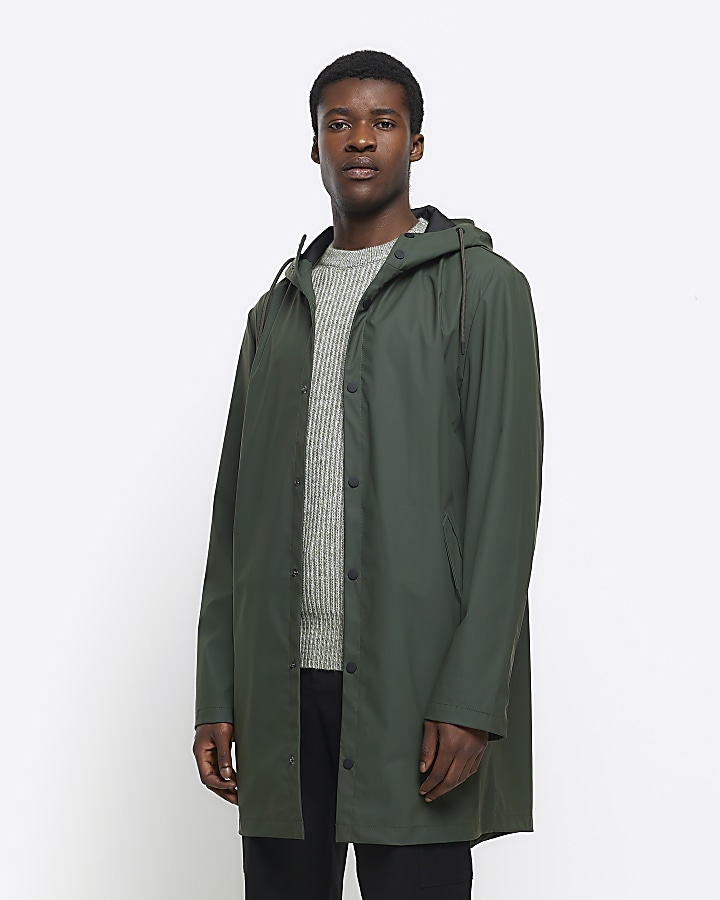 Green regular fit hooded longline rain coat