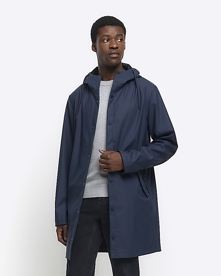 Navy regular fit hooded rain coat | River Island