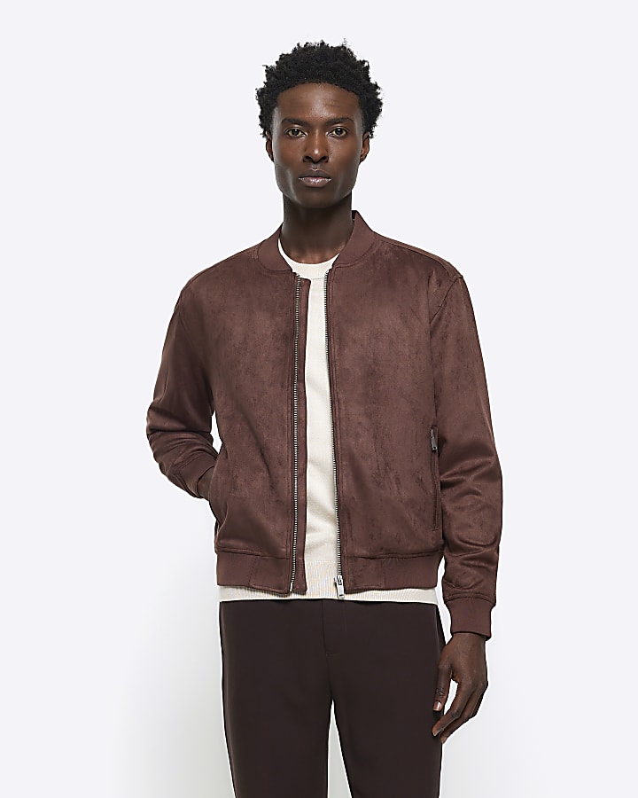 Brown regular fit suedette bomber jacket