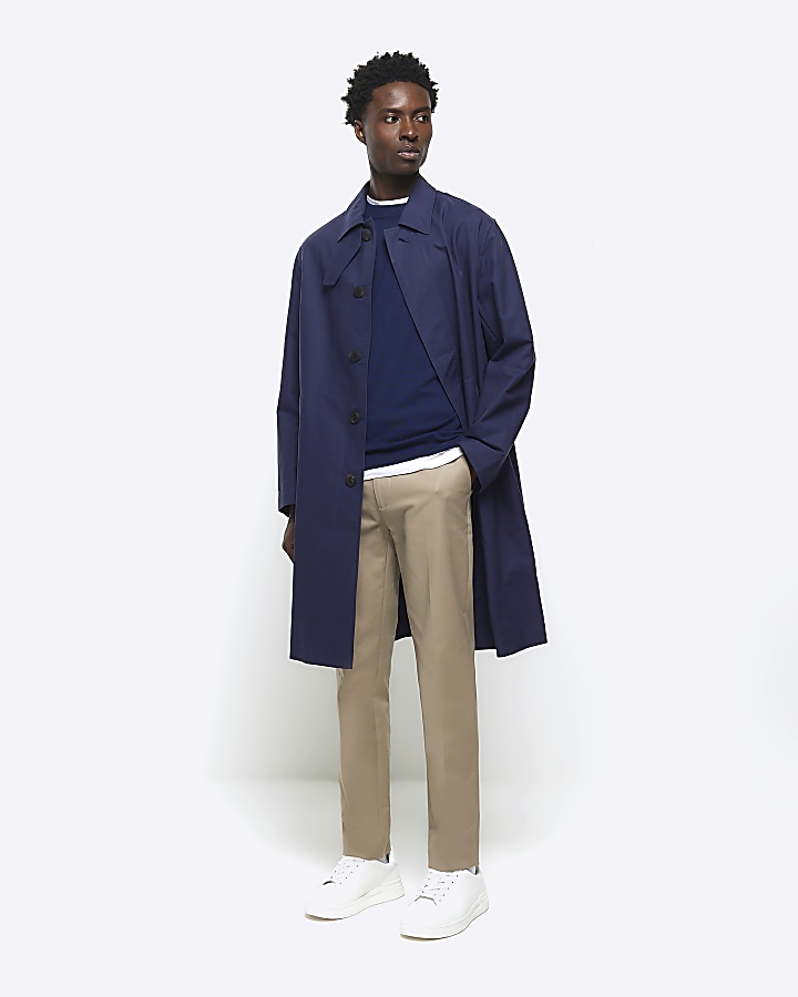 Navy regular fit longline trench coat