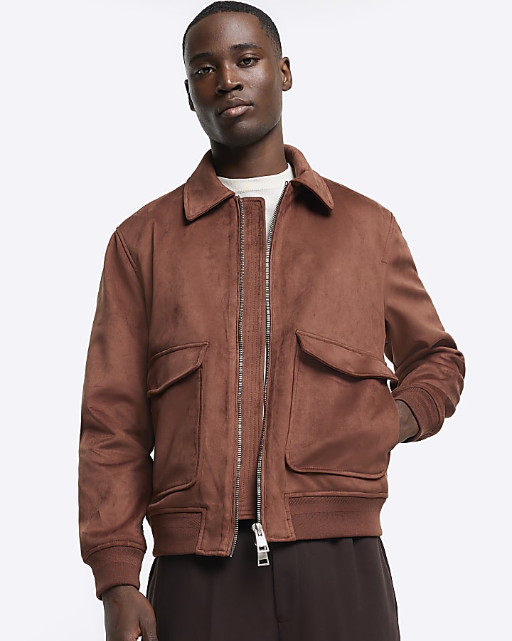 Brown Suedette Collared Bomber Jacket