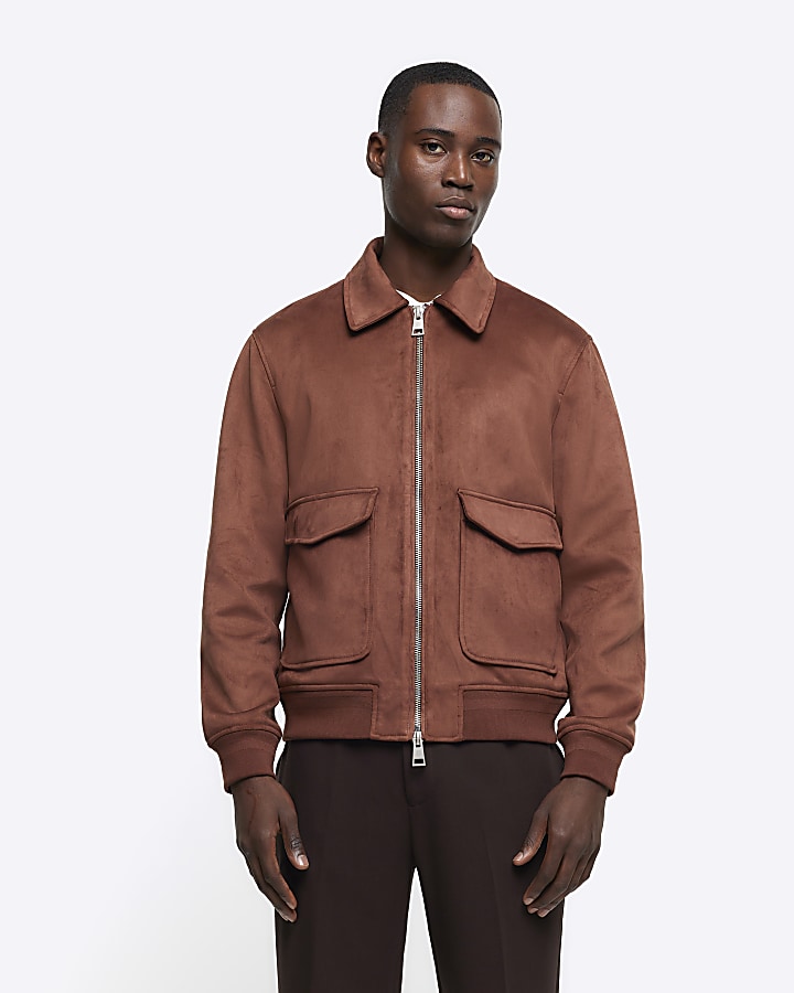 Brown Suedette Collared Bomber Jacket | River Island