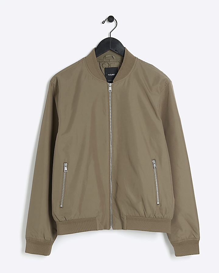 Brown regular fit zip up bomber jacket