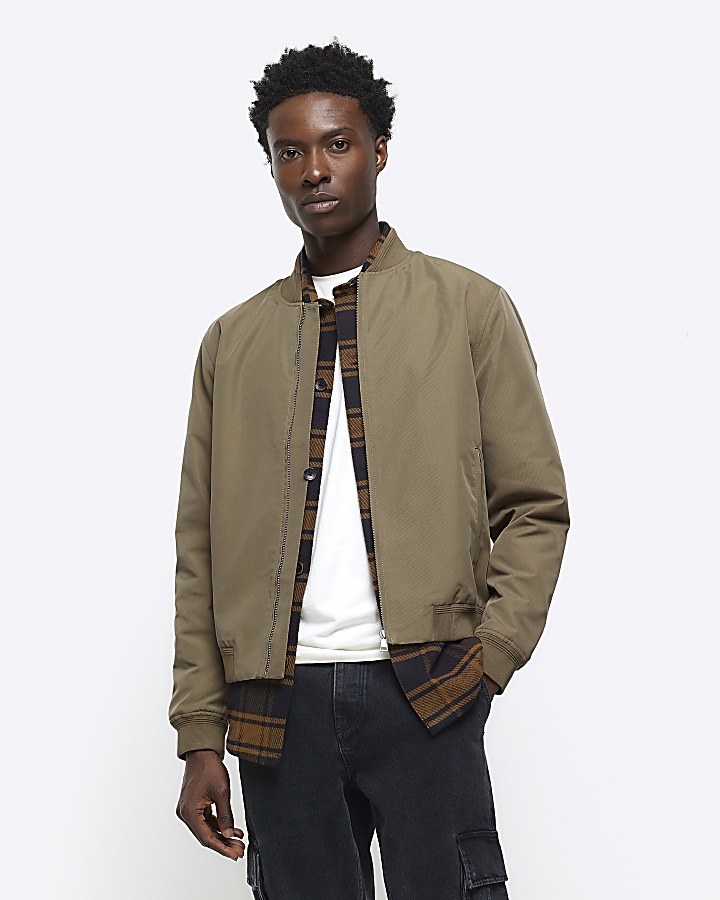 Brown regular fit zip up bomber jacket | River Island