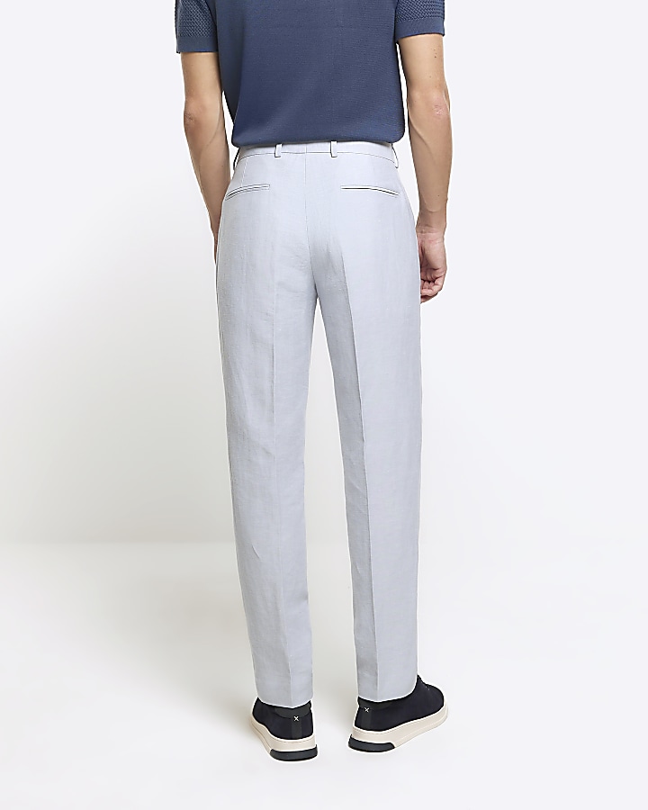 Blue slim fit linen blend suit trousers