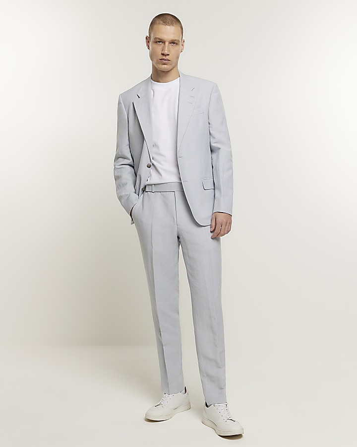 Blue slim fit linen blend suit trousers
