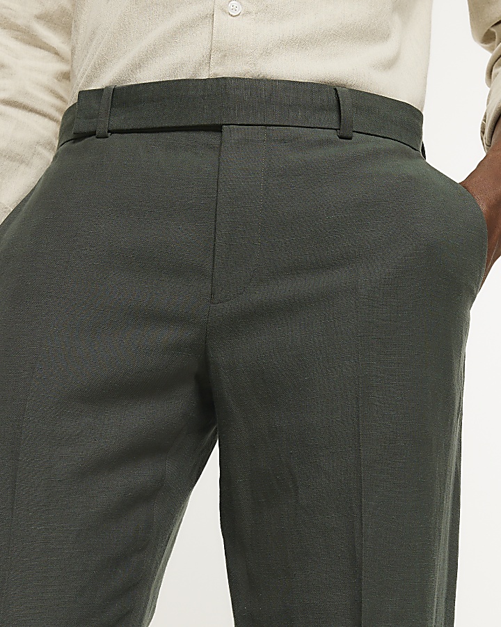 Green slim fit linen blend suit trousers