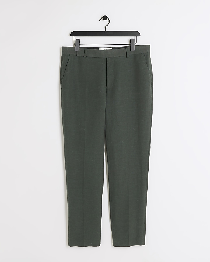 Green slim fit linen blend suit trousers