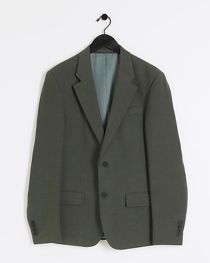 Green slim fit linen blend suit jacket