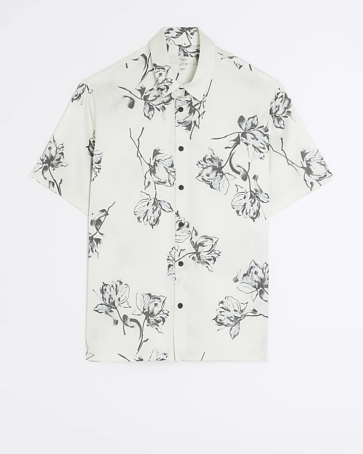 White regular fit floral short sleeve shirt