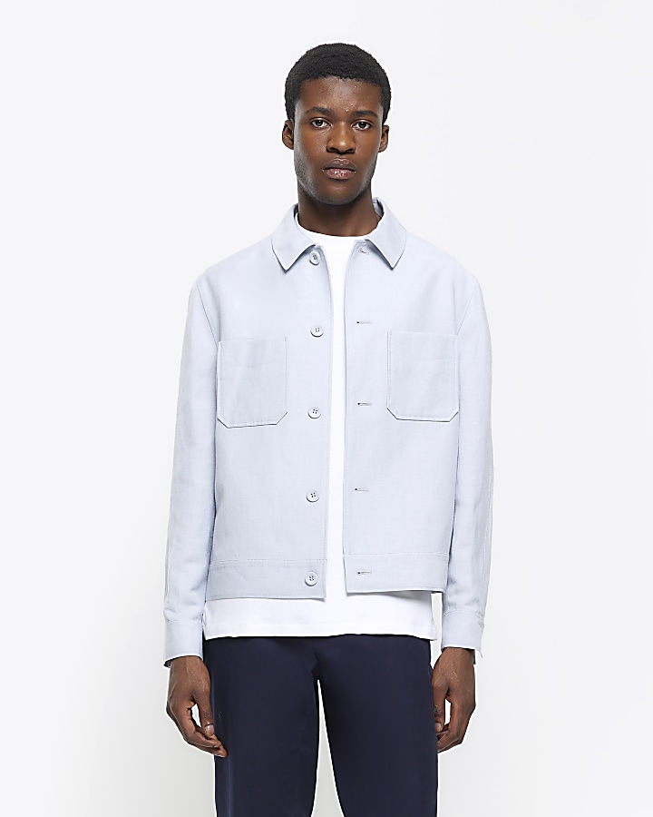 Blue slim fit linen blend Harrington jacket