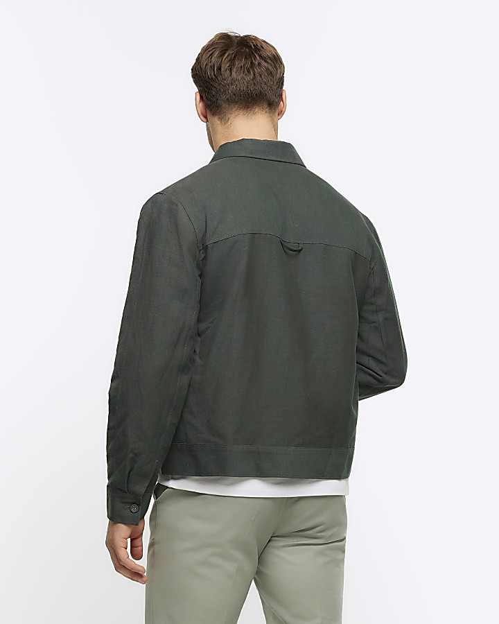 Green slim fit linen blend Harrington jacket