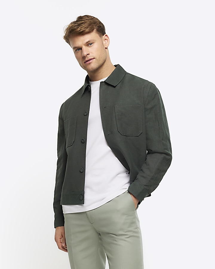 Green slim fit linen blend Harrington jacket