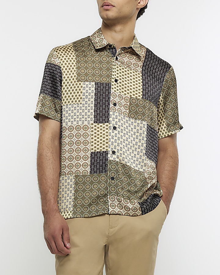 Stone regular fit patchwork shirt | River Island