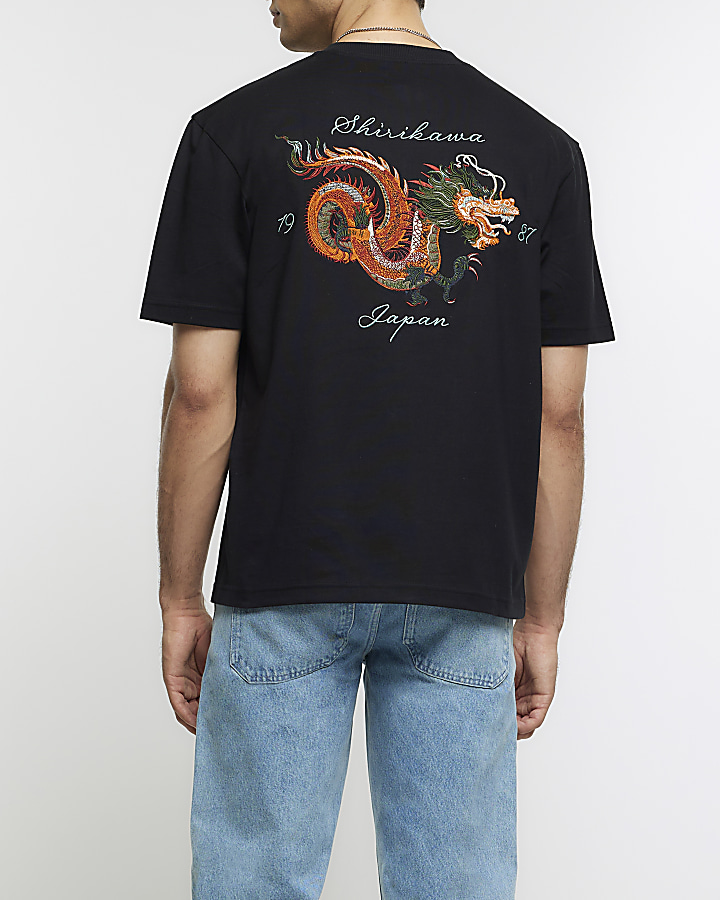 Black regular fit embroidered dragon t-shirt
