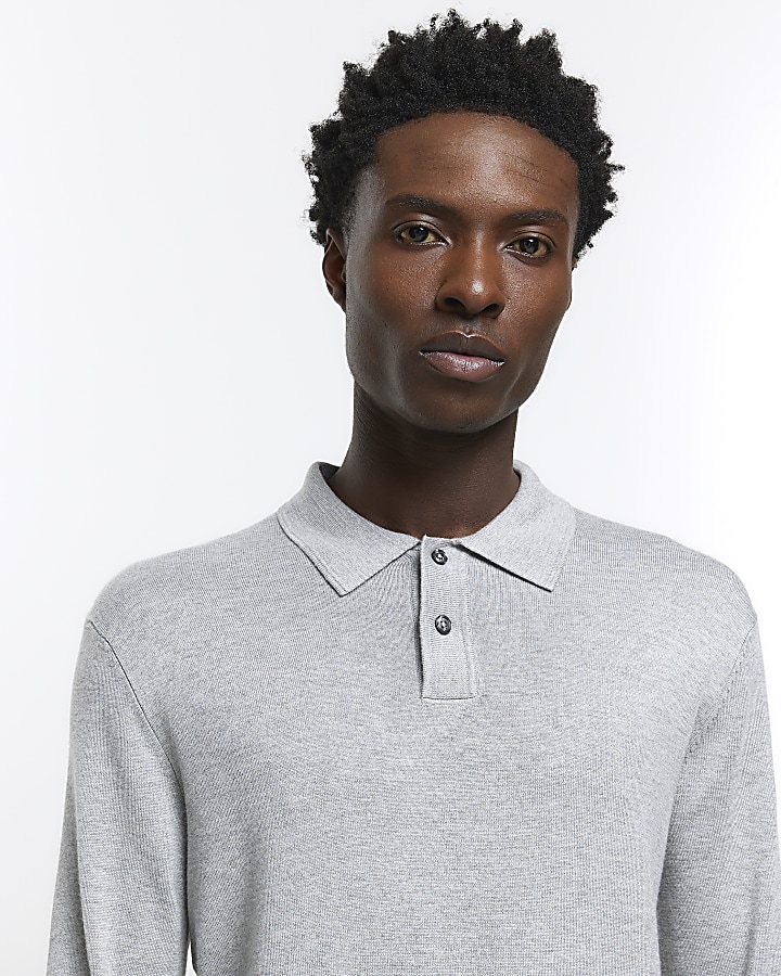 Grey slim fit knitted long sleeve polo