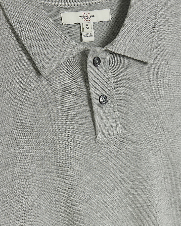 Grey slim fit knitted long sleeve polo | River Island