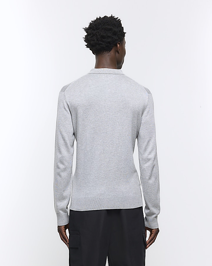 Grey slim fit knitted long sleeve polo