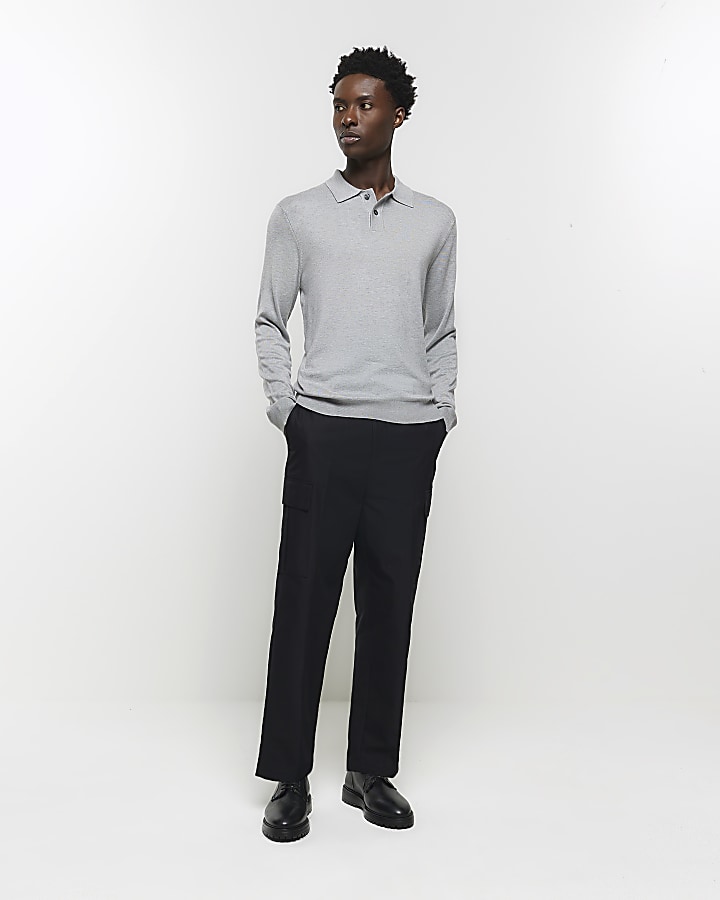 Grey slim fit knitted long sleeve polo | River Island