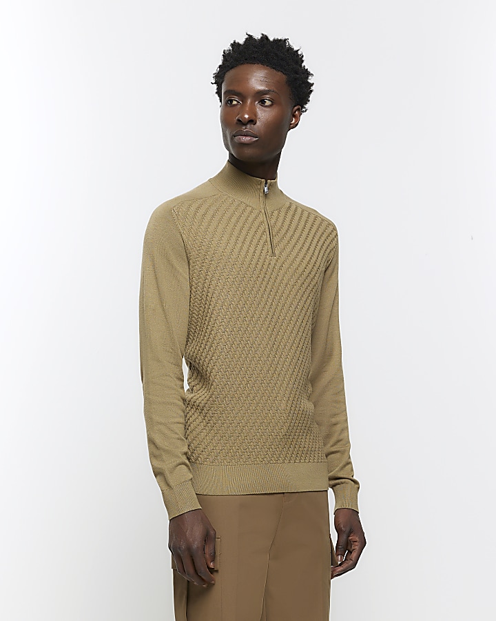 Khaki slim diagonal stitch half zip jumper