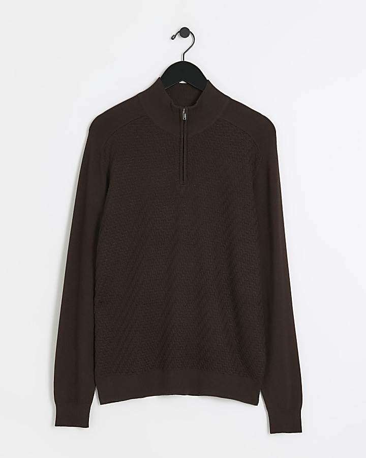 Brown slim diagonal stitch half zip jumper