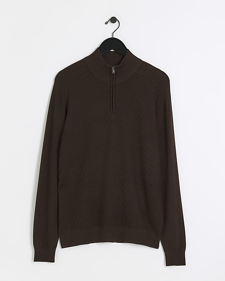 Brown slim diagonal stitch half zip jumper River Island