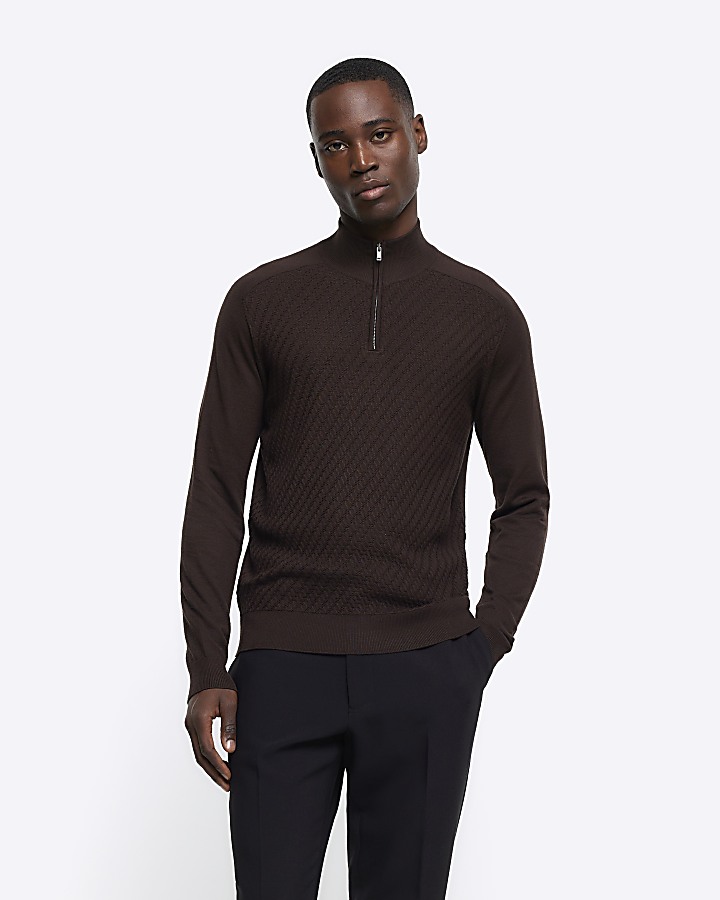 Brown slim diagonal stitch half zip jumper