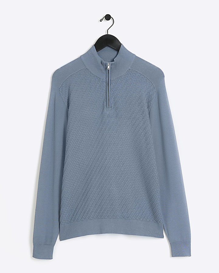 Blue slim fit diagonal stitch half zip jumper