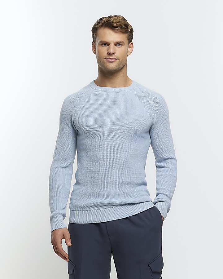 Blue Muscle Fit Rib Jumper