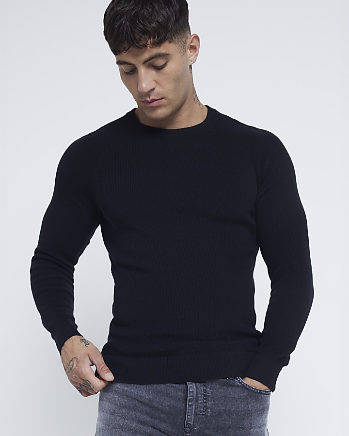 Black Muscle Fit Rib Jumper River Island 