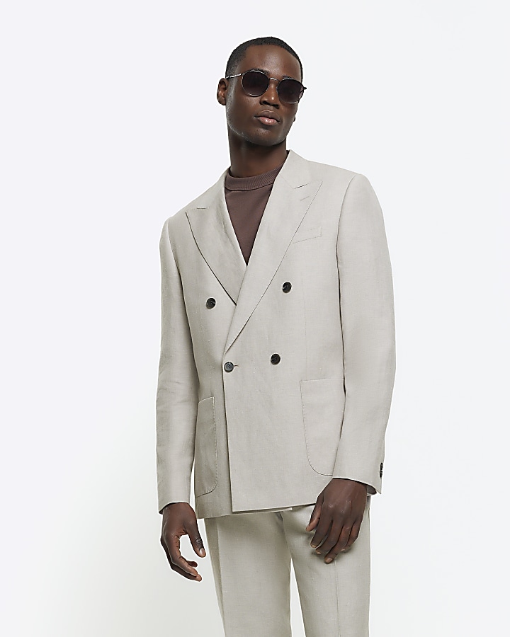 Stone slim fit linen blend suit jacket | River Island
