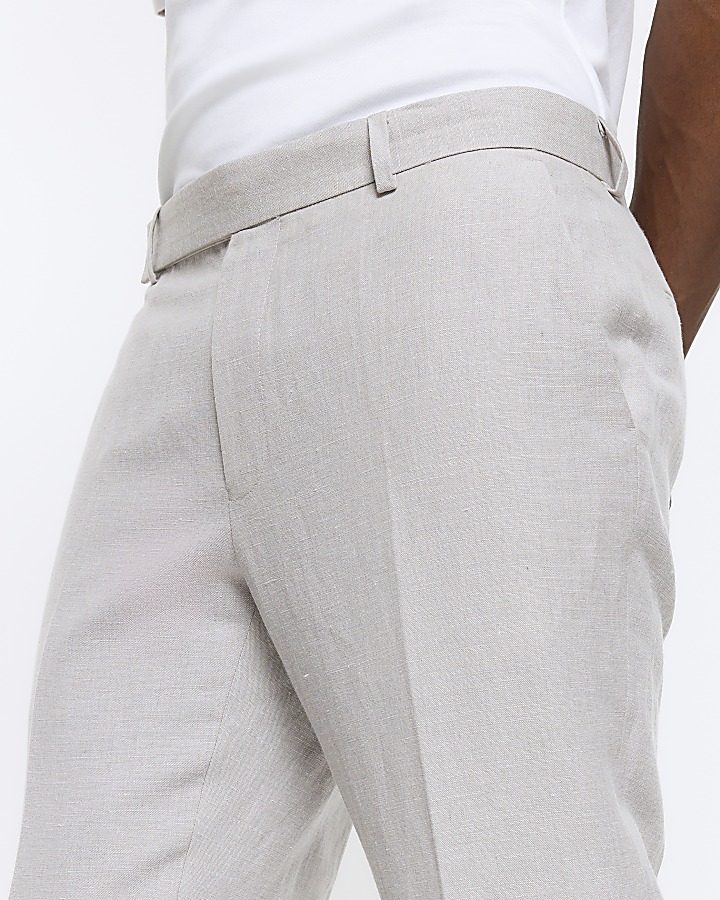 Stone slim fit linen blend suit trousers