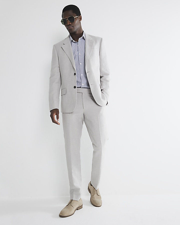 Stone slim fit linen blend suit trousers