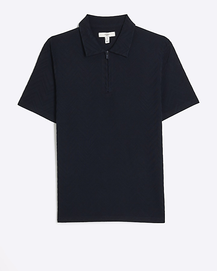 Navy Slim Fit Textured Polo Shirt | River Island