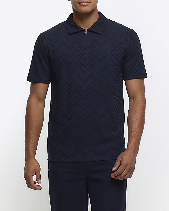 Navy Slim Fit Textured Polo Shirt