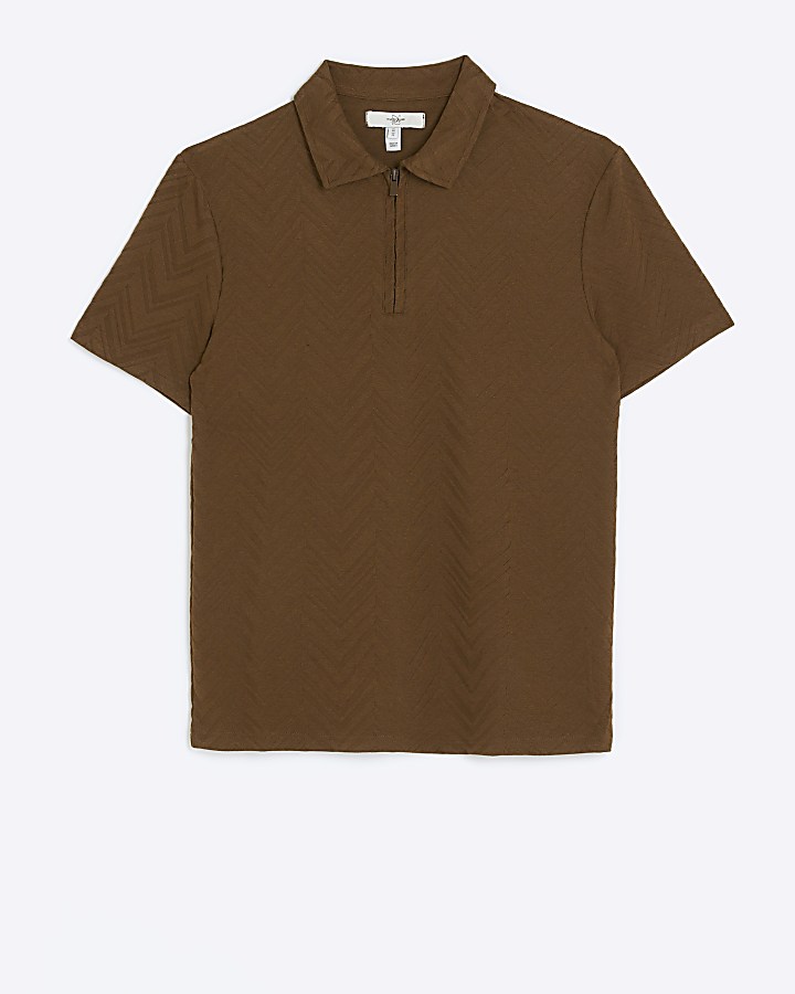 Brown slim fit textured polo shirt