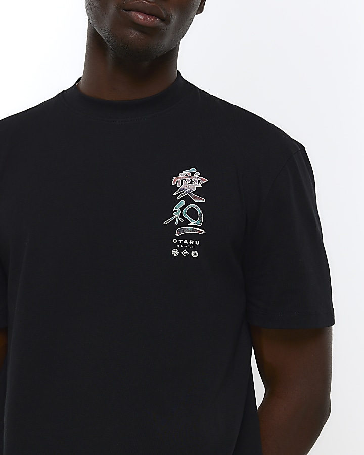 Black regular fit japanese graphic t-shirt | River Island