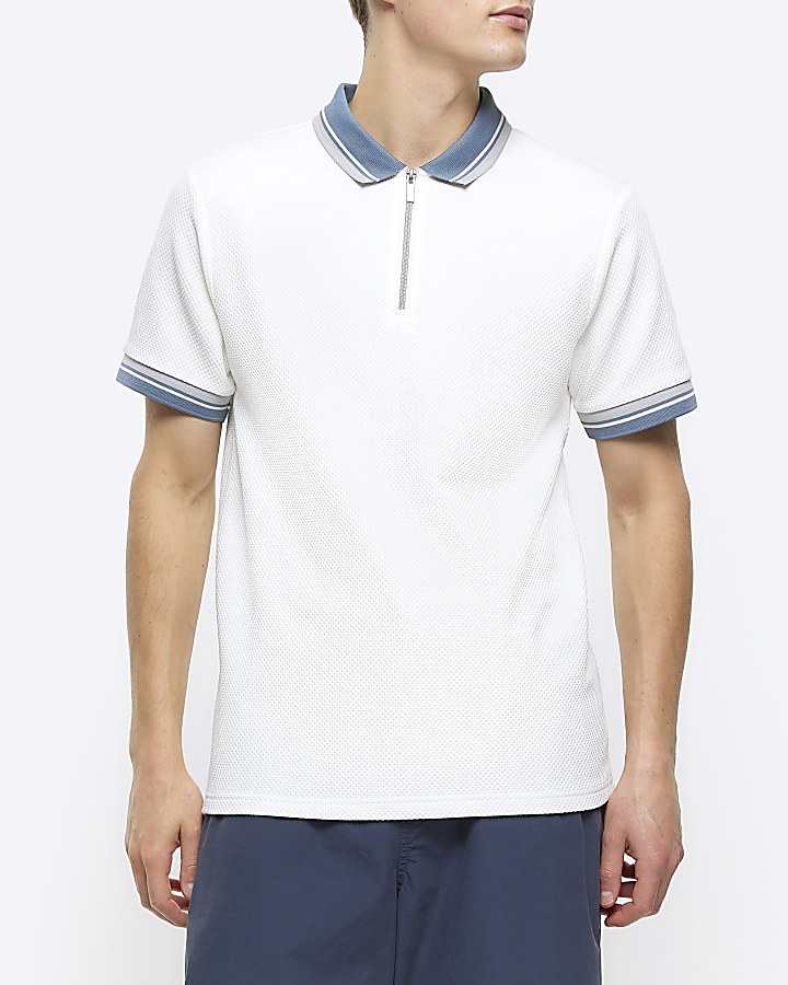 Ecru slim fit taped half zip polo