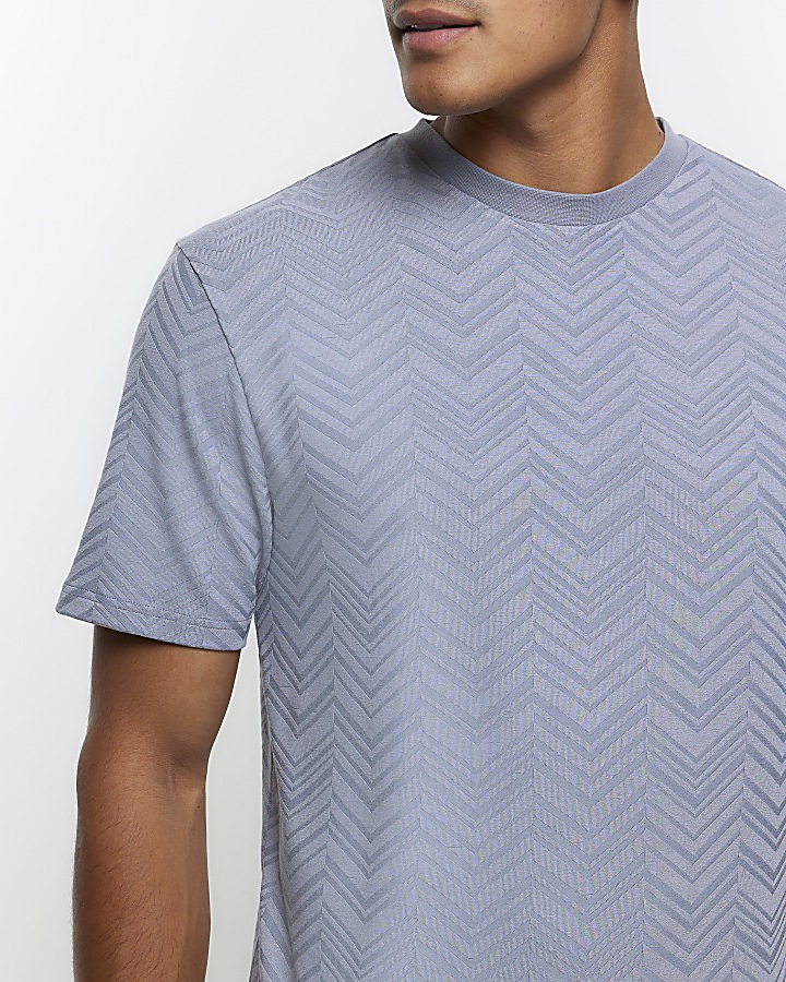 Blue Slim Fit Chevron Texture T-shirt