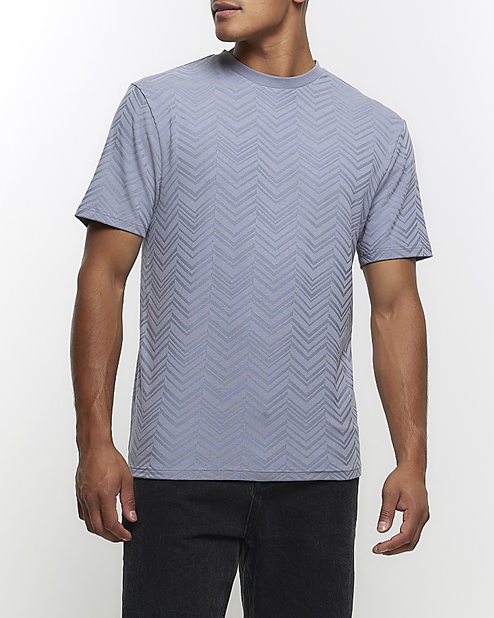 Blue Slim Fit Chevron Texture T-shirt