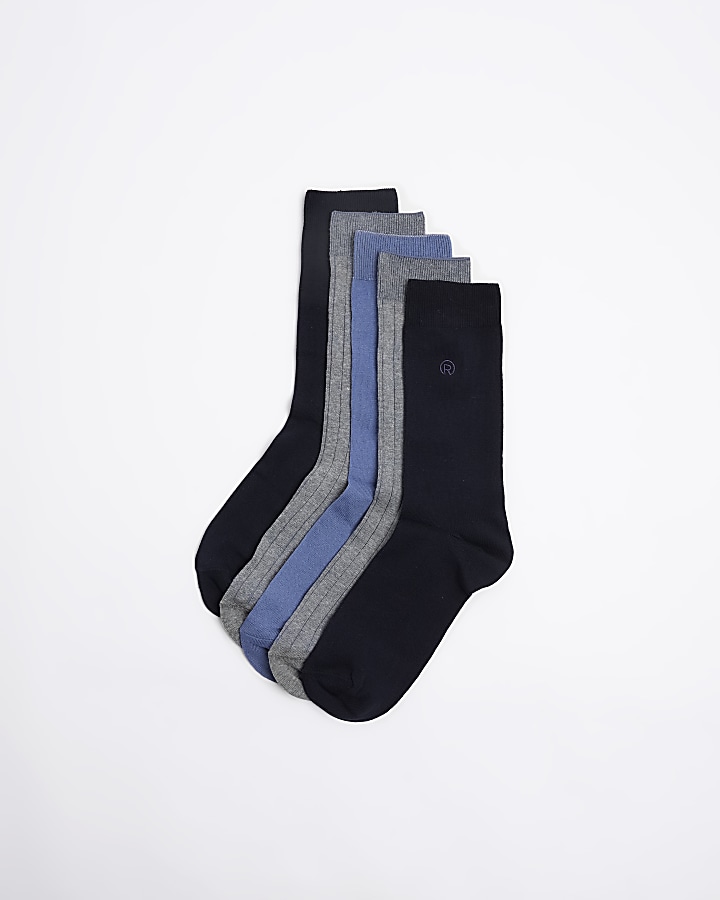 5PK Blue ribbed ankle socks River Island