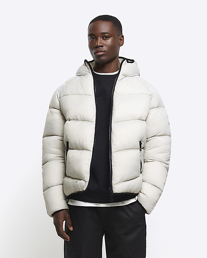 Stone regular fit hooded puffer jacket | River Island