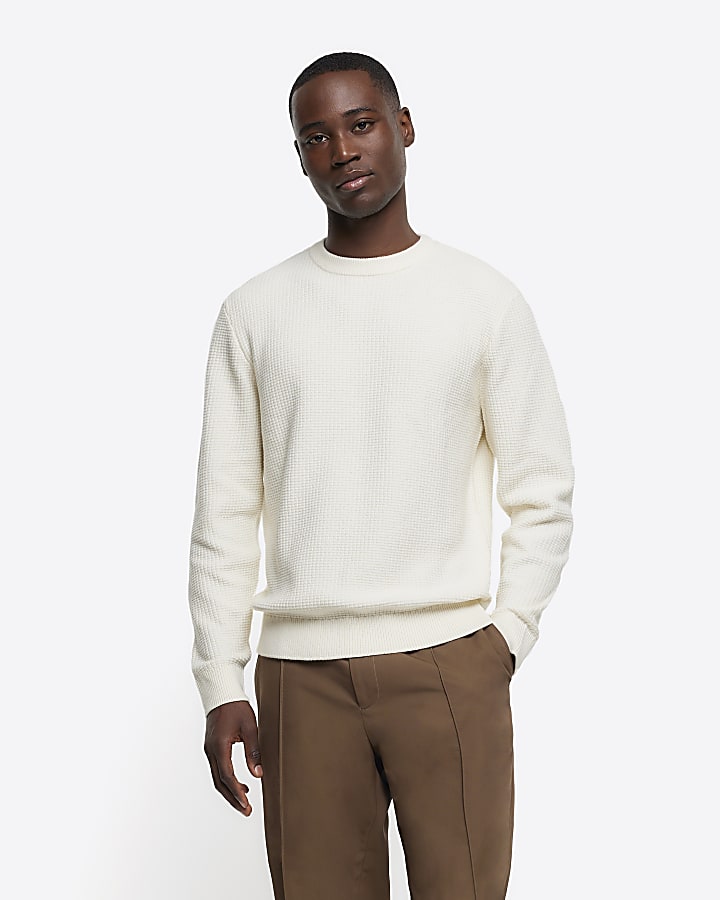 Ecru slim fit waffle texture jumper